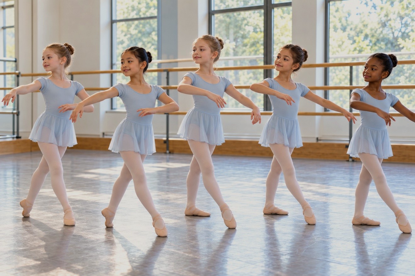 Ballet Grade 1 students in light blue uniforms